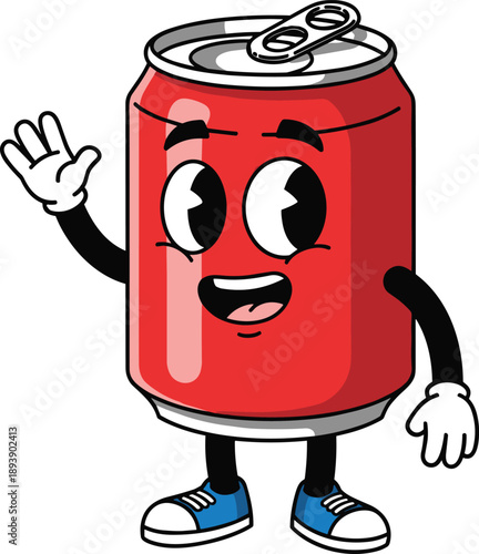 Anthropomorphic Red Soda Can Character Waving Hello With Cartoon Eyes drink beverage