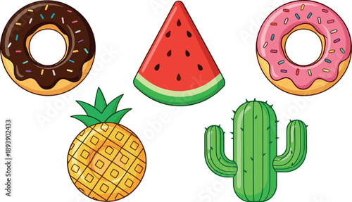 Cute summer food and nature vector set with donuts, watermelon slice, pineapple, cactus, and colorful cartoon fruit illustrations