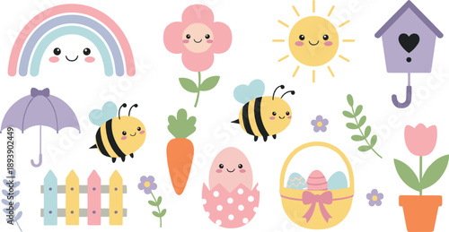Cute spring vector set with rainbow, sun, flowers, bees, Easter egg, carrot, umbrella, birdhouse, and pastel kawaii nature elements