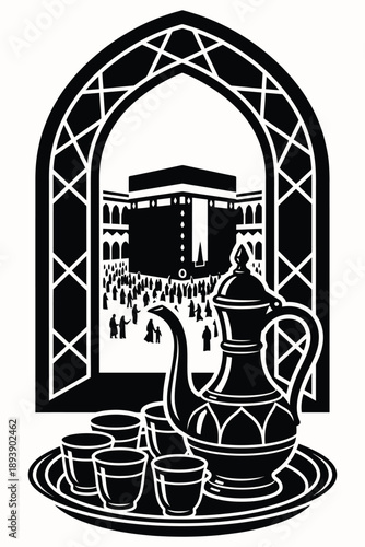 Kaaba View through Islamic Archway - Black and White Vector Illustration