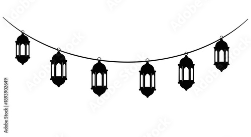 Black lanterns hanging on a string, festive decoration, elegant lighting, Ramadan Kareem, Eid Mubarak, Islamic celebration, cultural symbol, hanging ornaments, decorative lights.