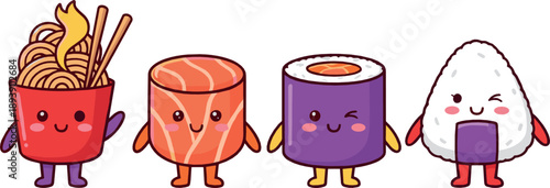 Cute sushi and fast food character vector set with salmon, sushi roll, rice ball, fries, and kawaii cartoon snacks