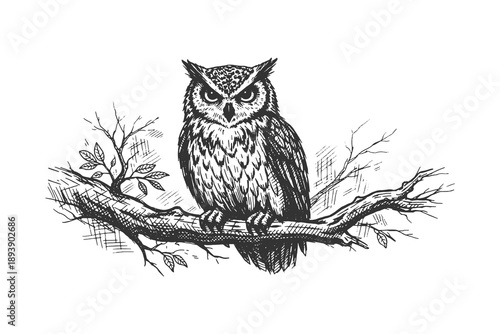 Detailed vintage woodcut vector illustration of a majestic owl perched on a tree branch with a focused gaze and intricate feather patterns.