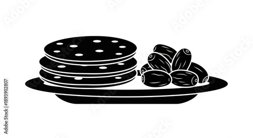 Black and white illustration of pancakes with sausages on a plate.