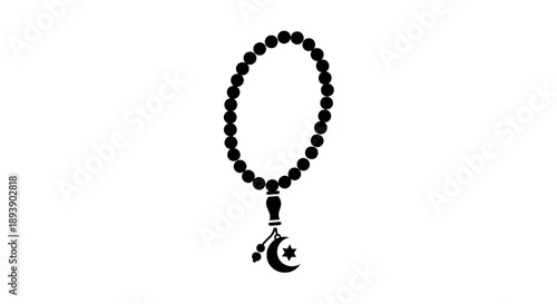 Black prayer beads with crescent moon pendant on white background.