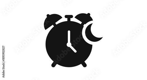 Simple black alarm clock with bells and crescent moon icon.