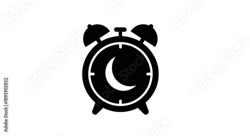 Black alarm clock icon with crescent moon symbolizing sleep and wake time.