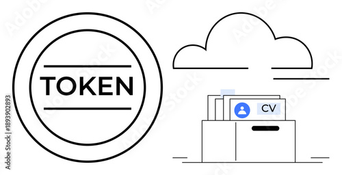 Digital token concept. Digital tokens enhance secure CV storage within cloud systems. Tokens optimize access control and data management in modern ecosystems. For HR, tech, cloud storage, identity