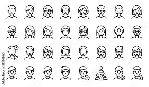 Minimal line avatar and user profile icon set with editable stroke