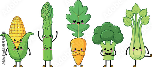 Cute vegetable character vector set with smiling corn, asparagus, carrot, broccoli, celery, and kawaii healthy food cartoon illustrations