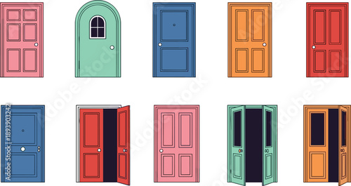 Assortment Of Colorful Cartoon Doors With Different Styles And Openings entrance exit