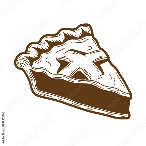 Vintage Grunge texture A brown and white illustration of a slice of pie with a crumbly crust and a decorative top crust design on a plain white background