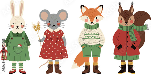 Cute woodland animal character vector set with rabbit, mouse, fox, and squirrel in cozy winter outfits for kids