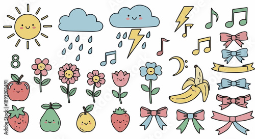 Cute Hand drawn Doodle Collection of Weather Icons, Musical Notes, Flowers, Fruits, and Decorative Bows for Kids Designs