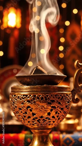 Detailed view of a decorative brass incense holder with burning wood chips and swirling smoke in a middle eastern marketplace environment