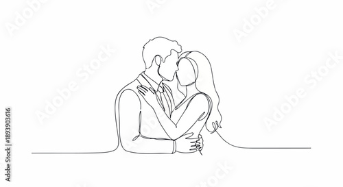 Continuous One Line Drawing of a Romantic Couple Embracing and Sharing a Tender Kiss, Symbolizing Love and Connection