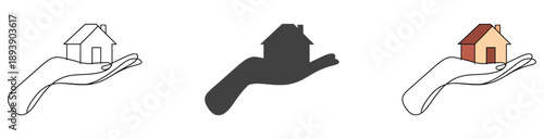 Hand Holding House Icon Vector, Home Care Icon, Home with Hand line Art Outline Icon, Real Estate Vector Illustration.