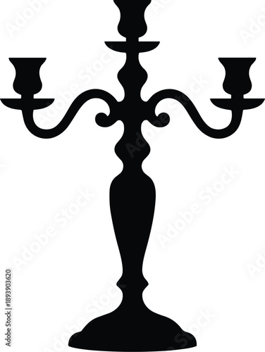 Minimal vector silhouette of an ornate three-arm candelabra with flowing curves, lit candles, and elegant symmetry, solid black only