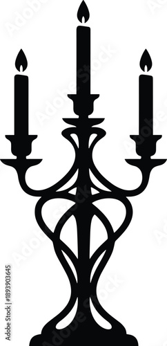 Minimal vector silhouette of an ornate three-arm candelabra with flowing curves, lit candles, and elegant symmetry, solid black only