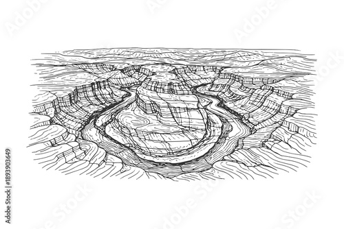 Breathtaking aerial view of Horseshoe Bend canyon and Colorado River vector illustration in a detailed vintage hand drawn etching style.