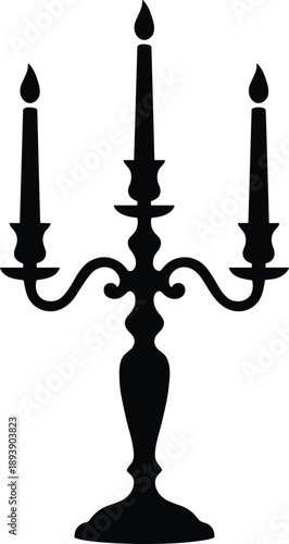 Minimal vector silhouette of an ornate three-arm candelabra with flowing curves, lit candles, and elegant symmetry, solid black only