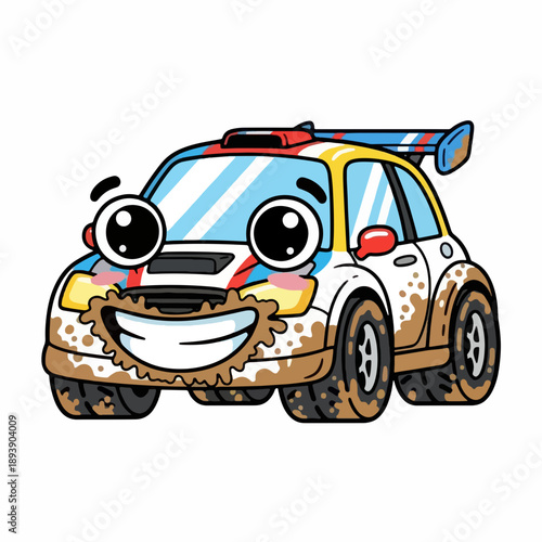 Funny cartoon rally car covered in mud with big eyes and happy smile