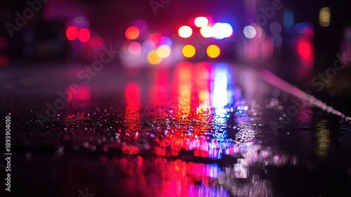 pavement. Glowing red and blue lights reflecting on wet pavement at night with dramatic contrast. mobility guides, transit brochures, designed for mobility and urban transit guides.