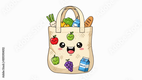 Happy cartoon grocery tote bag filled with fresh food and smiling face
