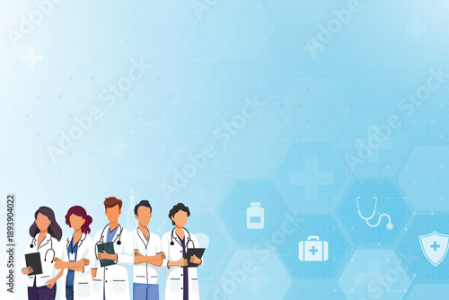 Medical team doctors on healthcare background with copy space. Hospital concept. Vector illustration
