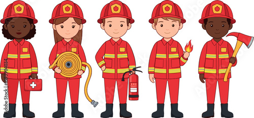 Firefighter character vector set with diverse fire crew in uniforms, safety equipment, fire hose, extinguisher, axe, and emergency cartoon illustrations