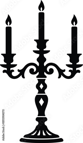 Minimal vector silhouette of an ornate three-arm candelabra with flowing curves, lit candles, and elegant symmetry, solid black only