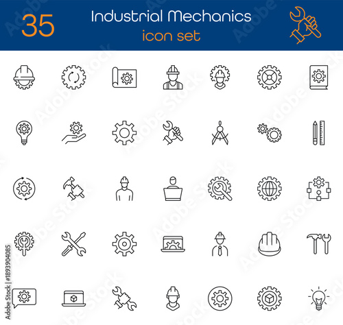 Engineering and industrial mechanics line icon set. Symbols for gear, technical support, construction worker, and manufacturing tools. Linear vector illustration for factory and repair web. Vector.