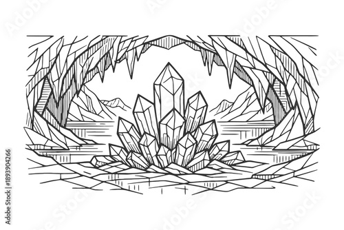 Detailed line art vector illustration of a crystal cave interior with large quartz formations and geometric mineral shards in a fantasy setting.