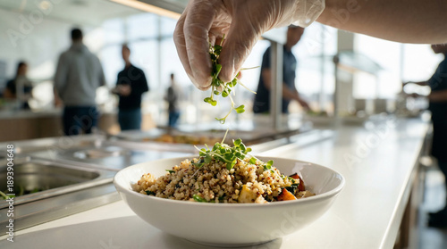 Gloved Hand Serving Fresh Sprouts on a Healthy Quinoa Bowl at a Modern Cafeteria Buffet Line, Bright and Clean