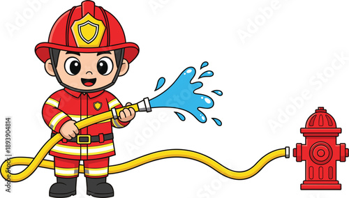 Cartoon firefighter holding a hose spraying water with a fire hydrant on white background Keywords: firefighter, fire, emergency