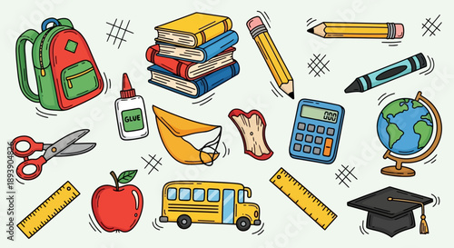 Collection of colorful school supplies and educational items.