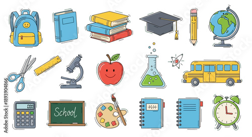 Collection of colorful school supplies and educational items.