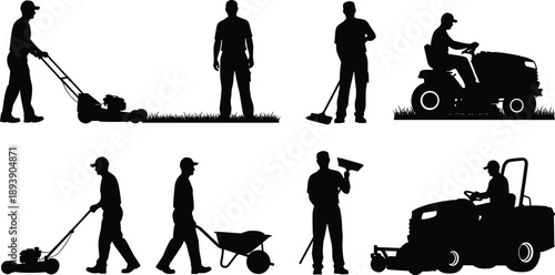 Collection, of, black, silhouettes, featuring, various, landscapers, and, gardeners, mowing, lawns, pushing, wheelbarrows, and, sweeping, for, professional, garden, maintenance, design.
