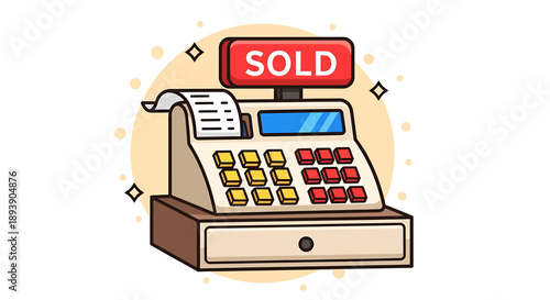 Cartoon illustration of a cash register with a sold sign on top