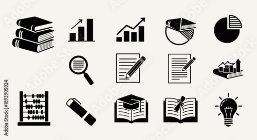 Collection of business and education icons in black and white.