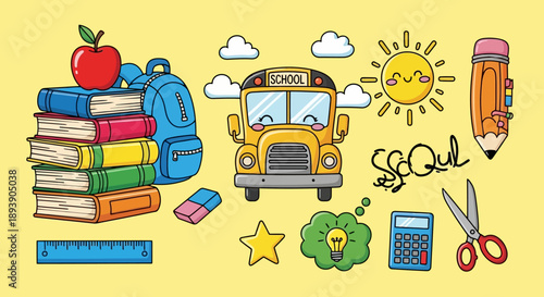 Collection of cartoon school supplies and elements.