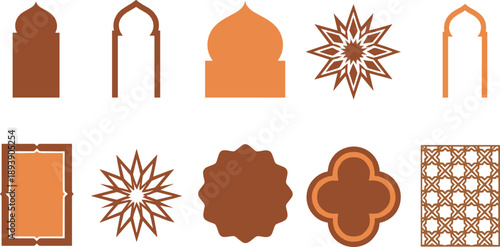 Islamic geometric ornament vector set with mosque arches, arabesque shapes, traditional patterns, decorative frames, and Middle Eastern cultural design elements