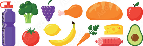 Healthy food vector set with fruits, vegetables, bread, cheese, sausage, avocado, banana, broccoli, lemon, and fresh nutrition illustrations