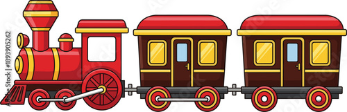 Cartoon red steam train with two brown carriages on a white background locomotive engine