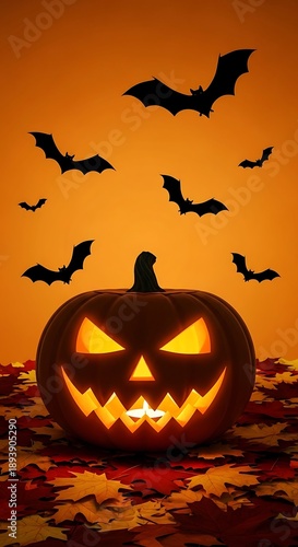Wallpaper Mural Halloween Pumpkin with Bats Silhouettes Against Orange Background. Torontodigital.ca