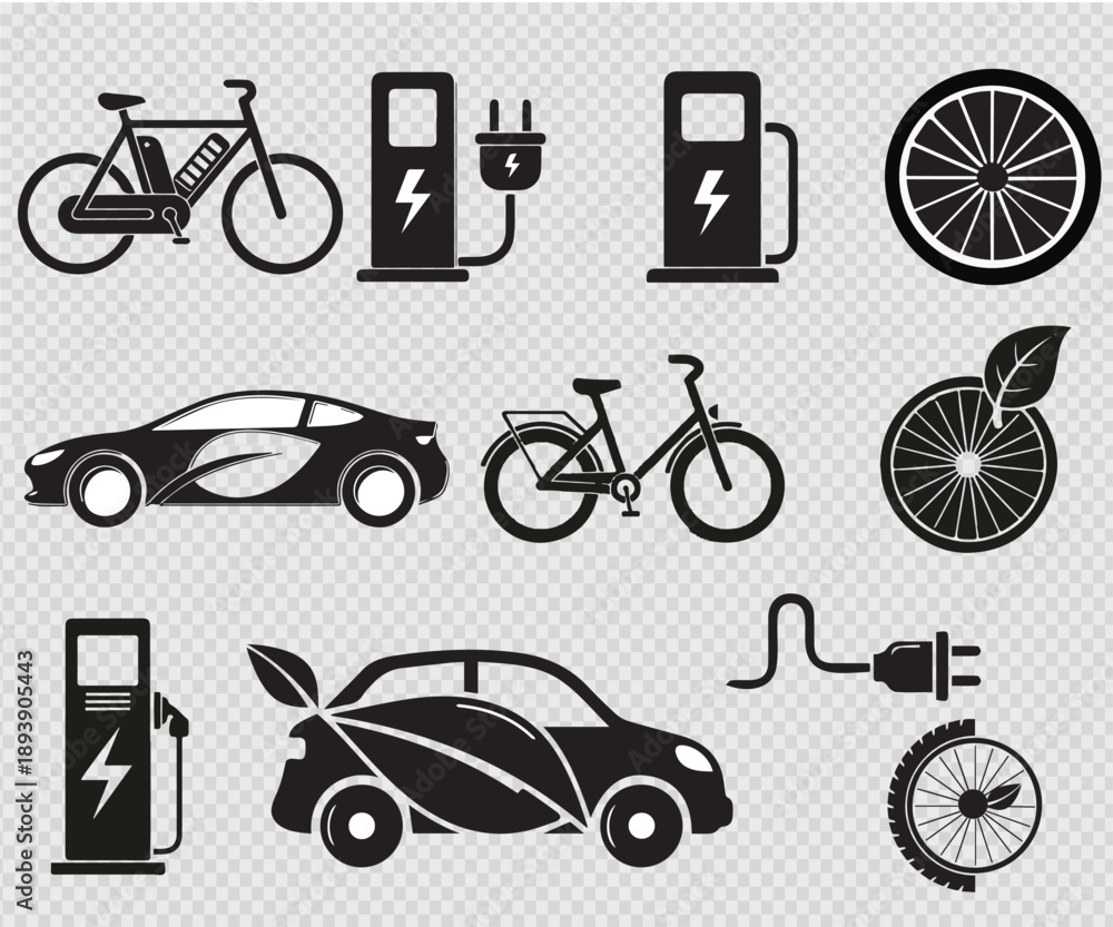 Naklejka premium Sustainable electric mobility icons for green transportation and future energy icon set