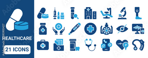 Healthcare and Medical icon set. Includes symbols for Doctor, Hospital, Vaccination, and Telemedicine. Solid glyph vector icons for clinic, pharmacy.