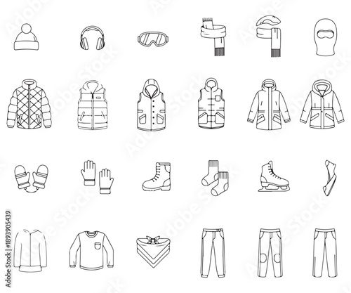Collection of line art icons depicting various winter clothing items and accessories