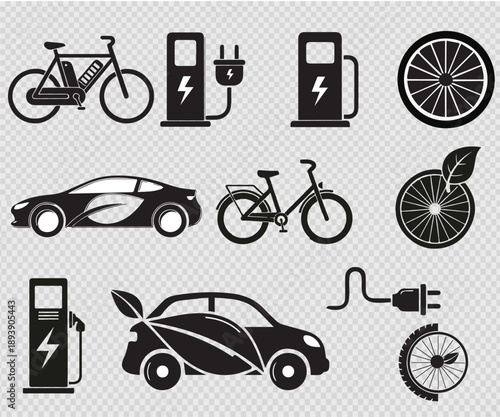 Sustainable electric mobility icons for green transportation and future energy icon set