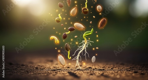 A seedling sprouting from the ground with a vibrant green shoot and a cluster of seeds falling around it.